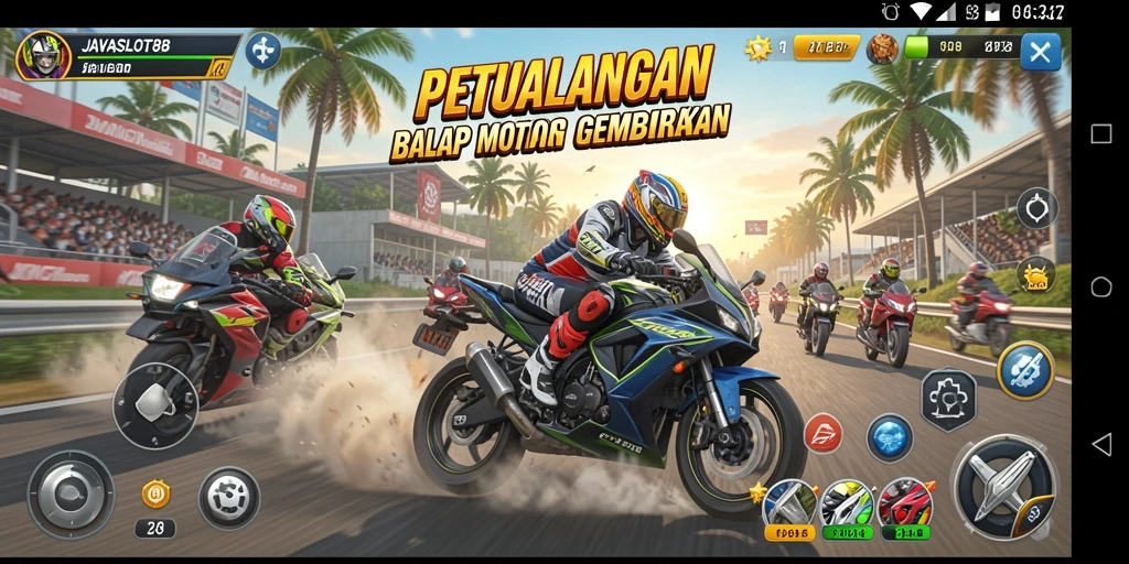 Tampilan gameplay menegangkan dalam balap motor JAVASLOT88.
