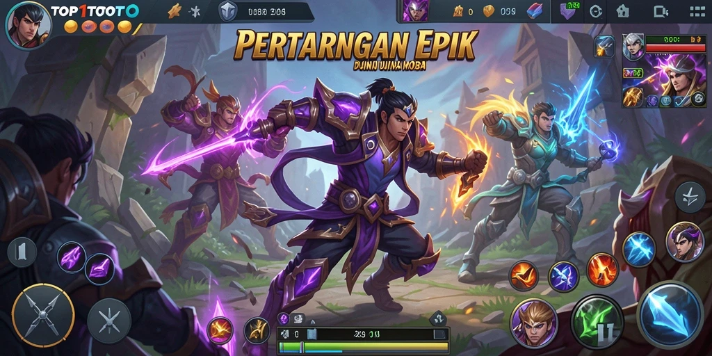 Tangkapan layar utama dari permainan TOP1TOTO menampilkan pertempuran yang intens di arena MOBA.